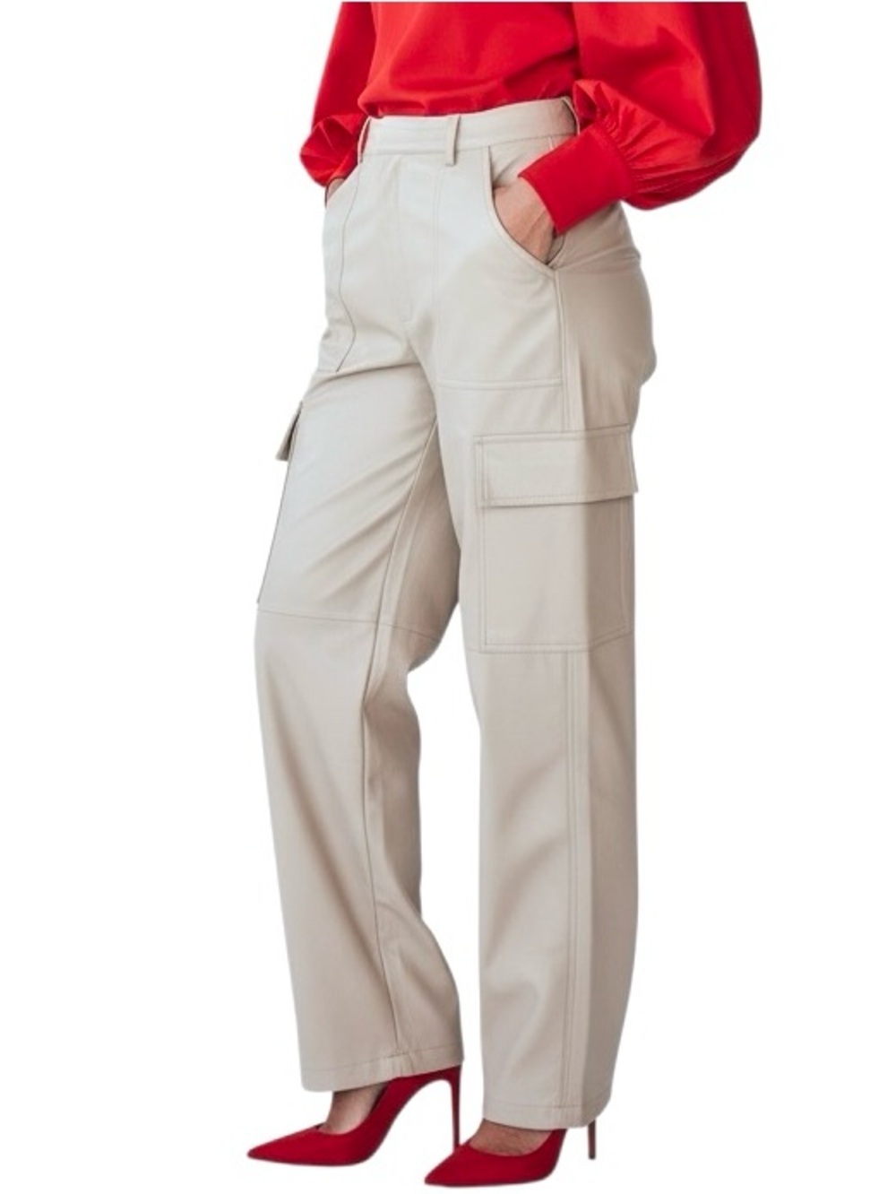 Salty Pants Ivory Women's Straight Leg Faux Leather Cargo Stretch Sz S